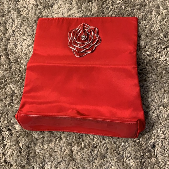 Lancome Red Clutch Bag Floral Embellished Evening Party Purse - Picture 5 of 5